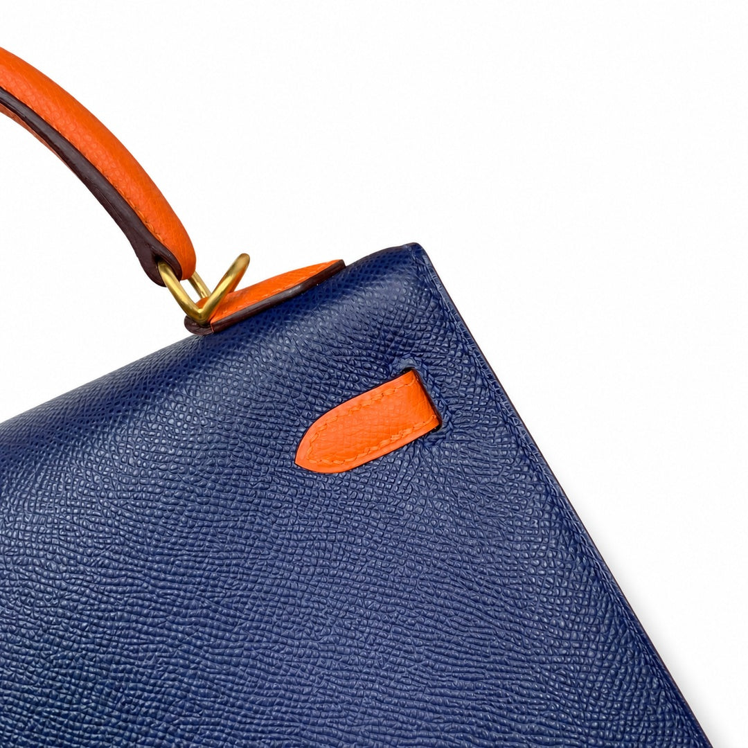 Hermès Kelly Sellier 25cm Sapphire Blue & Orange H Epsom Calf Leather Frosted Gold Hardware