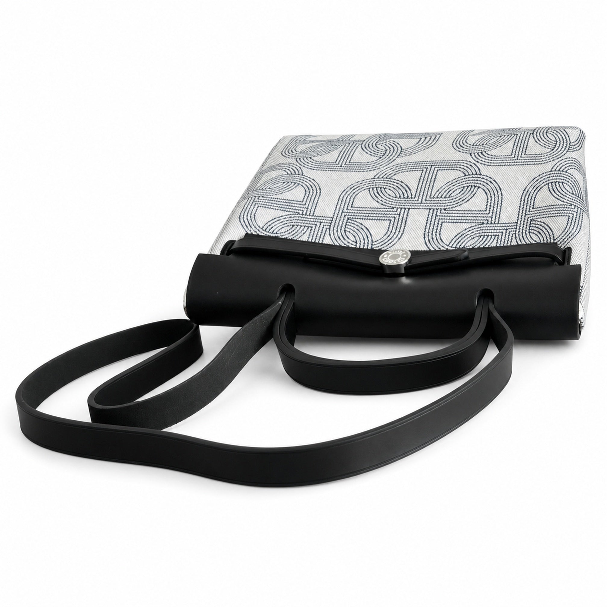 Hermès Herbag Zip 31 Écru Toile H Bleu Marine Chain D'Ancre Print / Noir Vache Hunter Leather Palladium Hardware