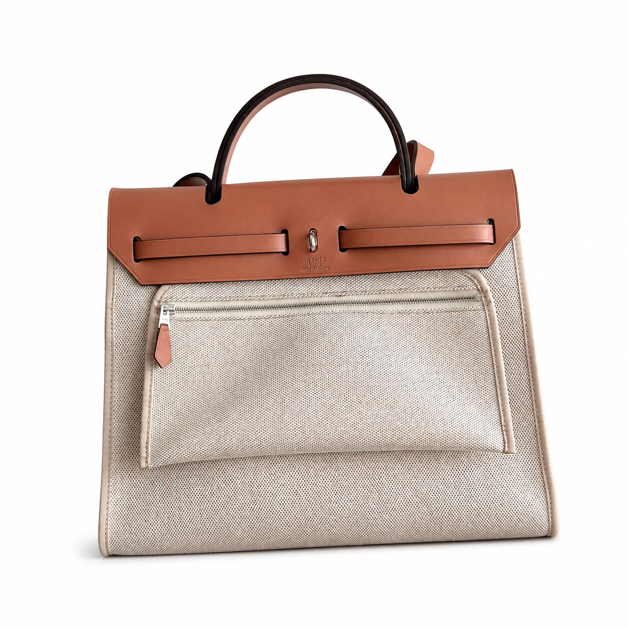Hermès Herbag 31 Natural Canvas & Caramel Calf Leather Palladium Hardware