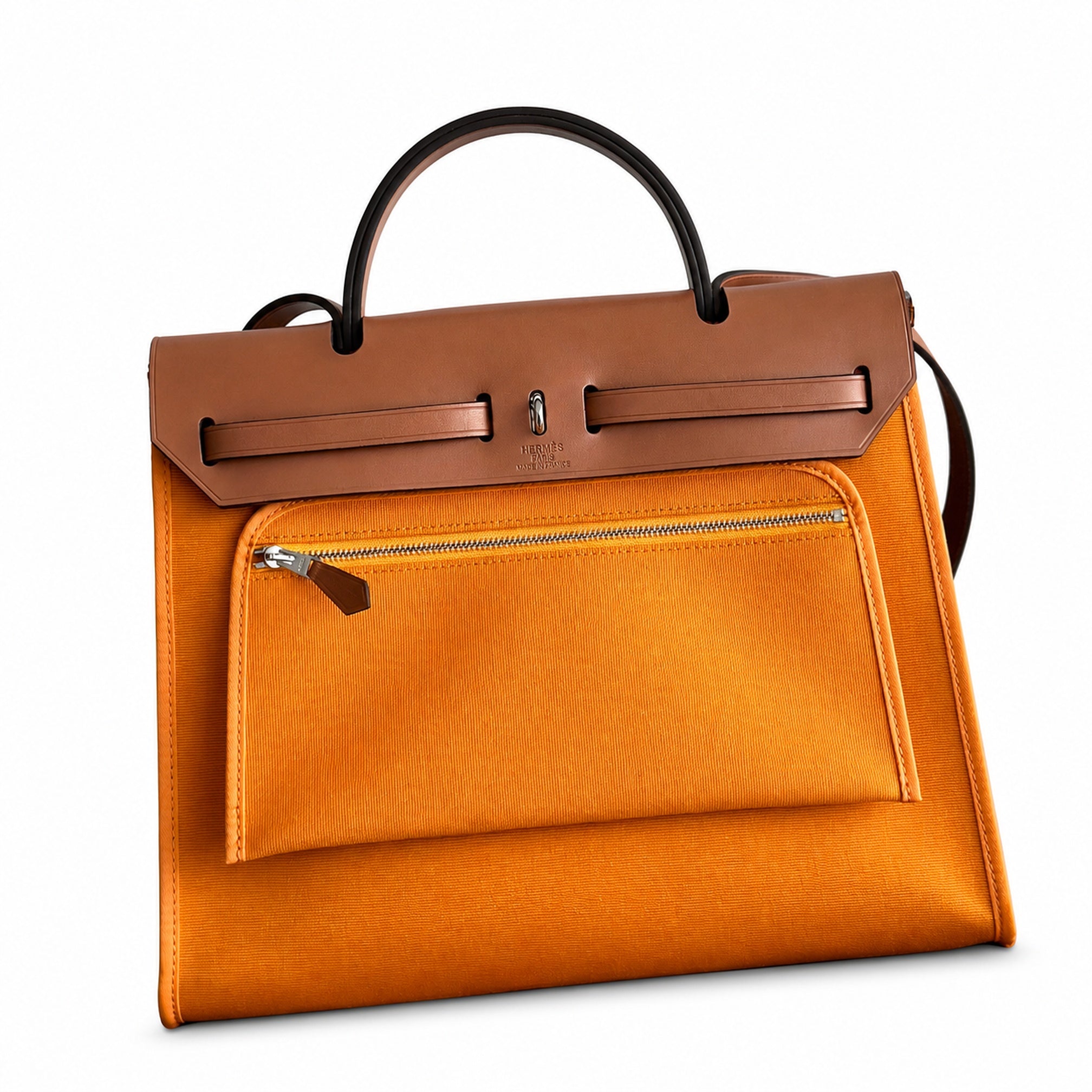 Hermès Herbag Zip 31 Orange Canvas & Caramel Calf Leather Palladium Hardware