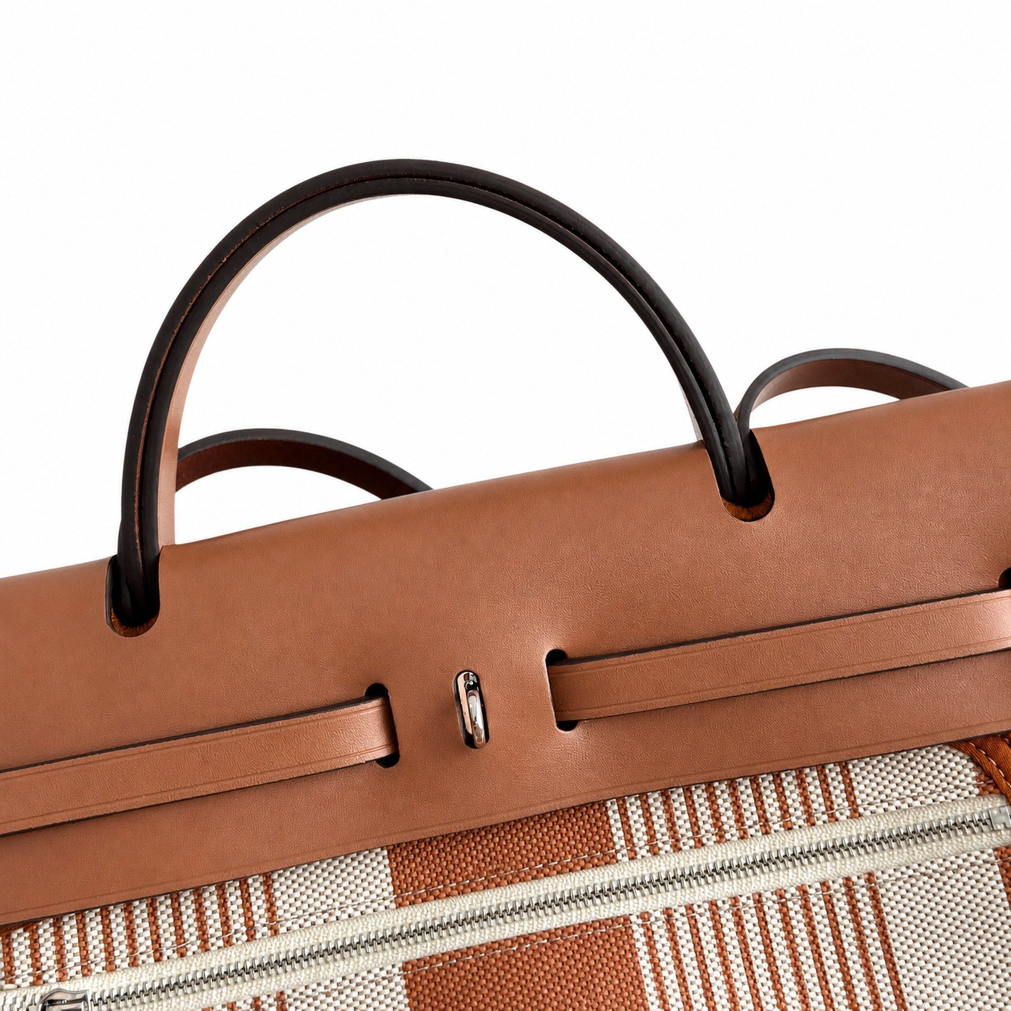 Hermès Herbag Zip 31 Écru Toile H Fauve H Vertical Stripe Print / Fauve Vache Hunter Leather Palladium Hardware