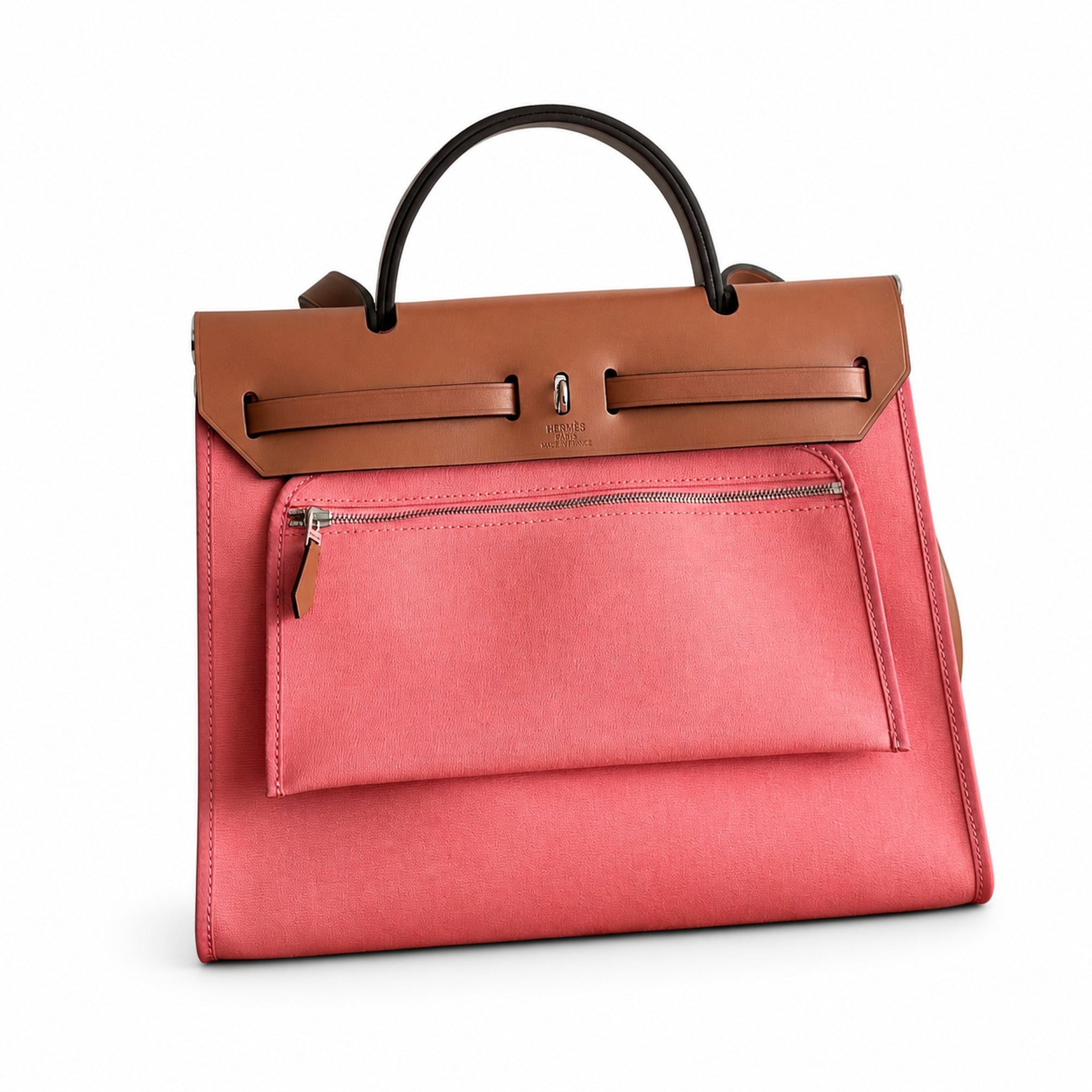 Hermès Herbag Zip 31 Rose Azalée Toile H / Fauve Vache Hunter Leather Palladium Hardware