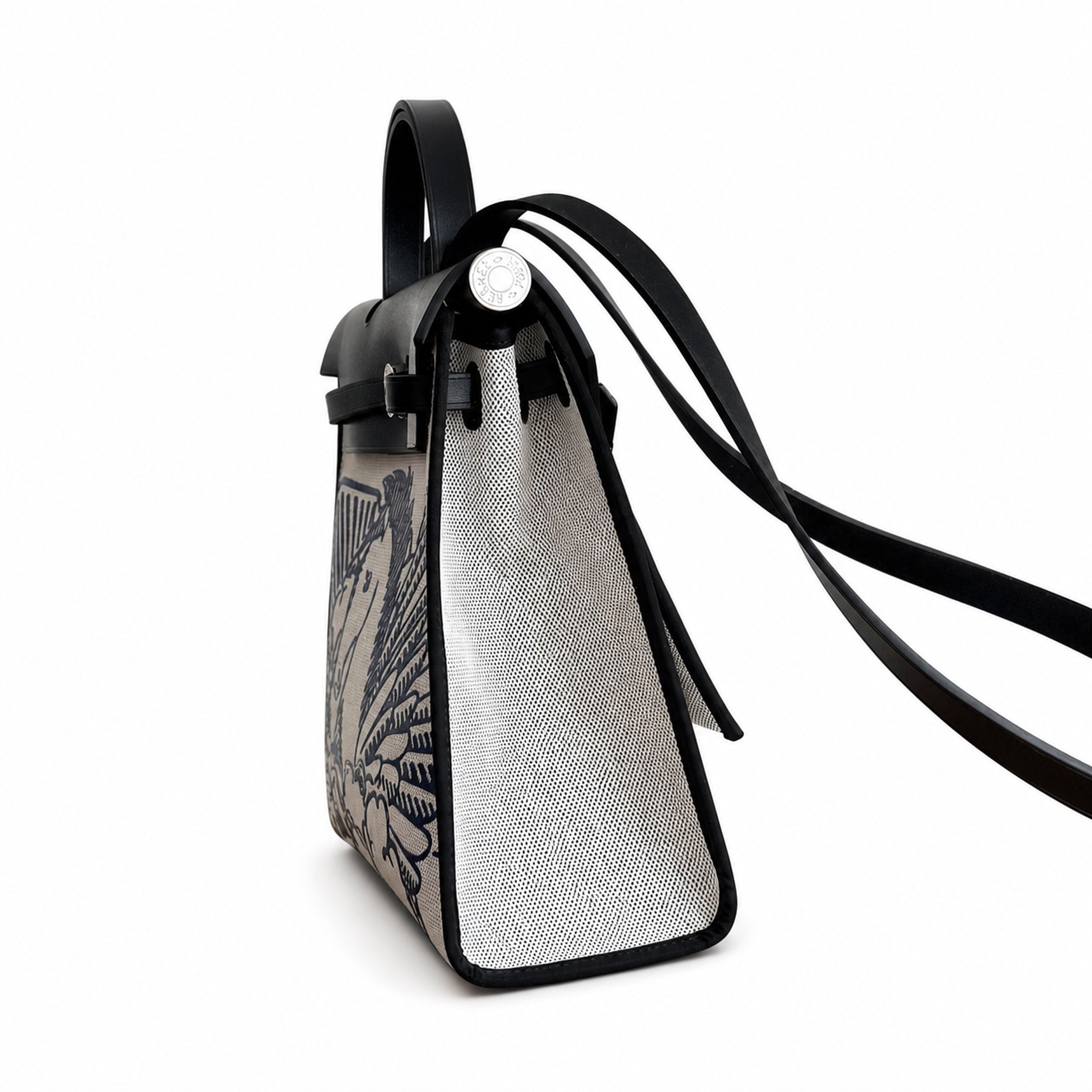 Hermès Herbag Zip 31 Ecru Toile H Blue Pegasus Print / Noir Epsom Calf Leather Palladium Hardware