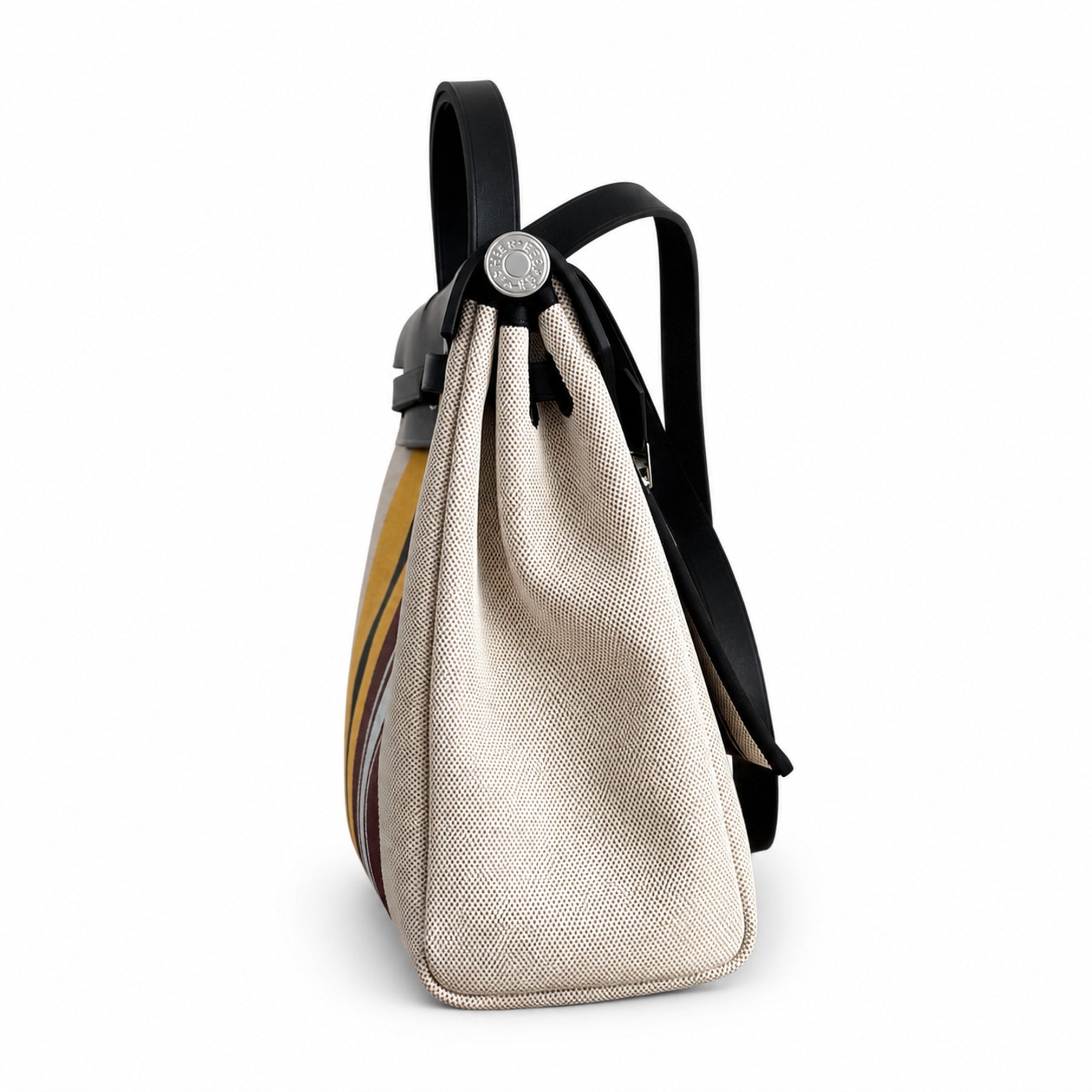 Hermès Herbag Zip 31 Écru Toile H Multicolor Vertical Stripe Print / Noir Vache Hunter Leather Palladium Hardware