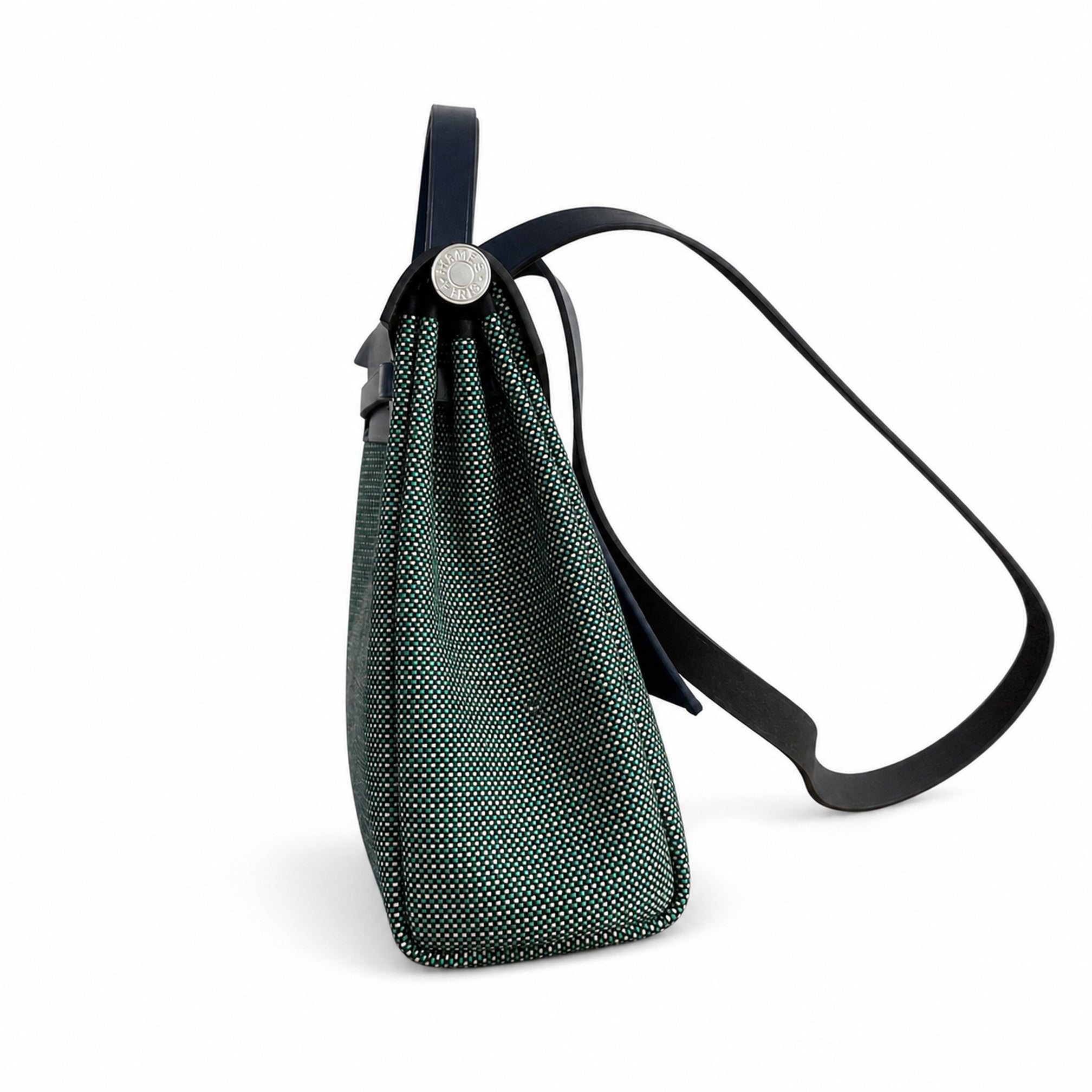 Hermès Herbag Zip 31 Vert Cypress Mini Grid Toile H / Bleu Marine Vache Hunter Leather Palladium Hardware