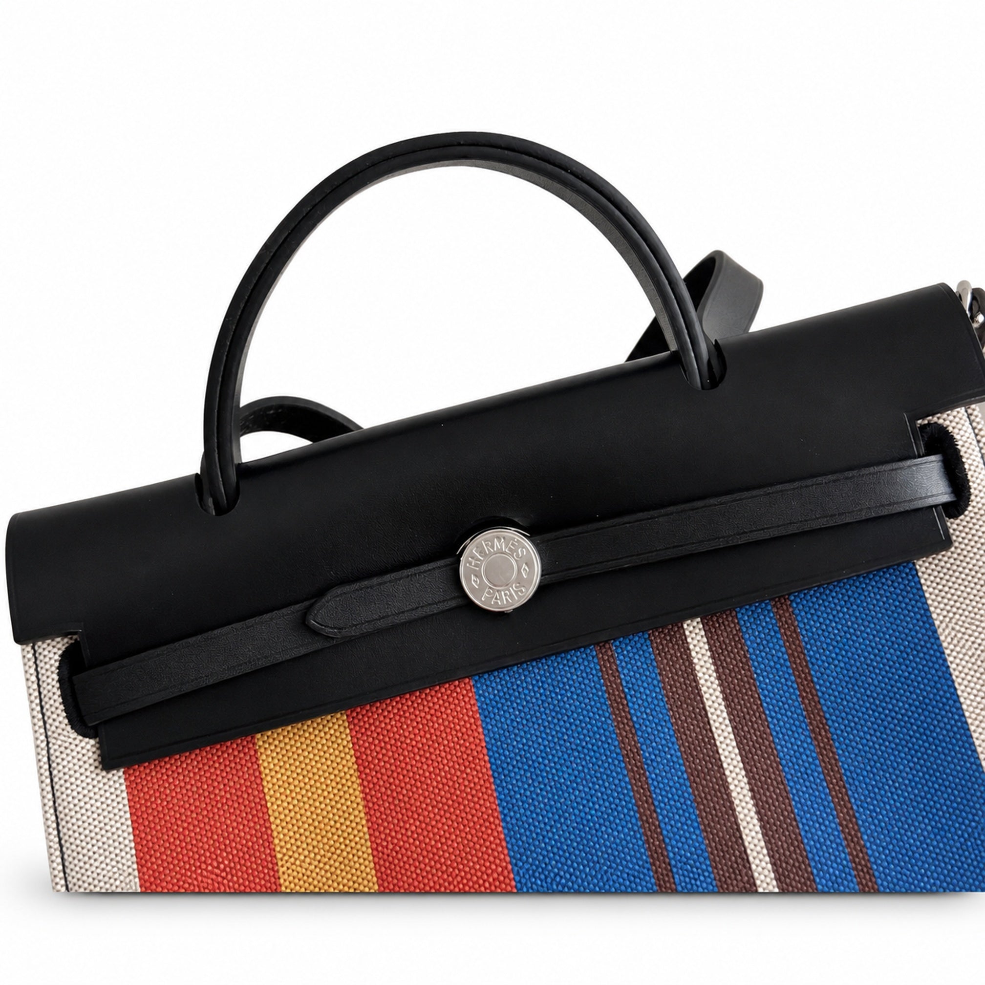 Hermès Herbag Zip 31 Écru Toile H Primary Vertical Stripe Print / Noir Vache Hunter Leather Palladium Hardware