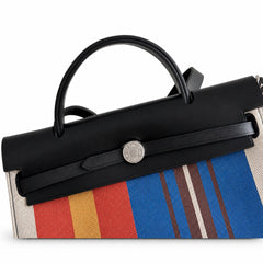 Hermès Herbag Zip 31 Écru Toile H Primary Vertical Stripe Print / Noir Vache Hunter Leather Palladium Hardware
