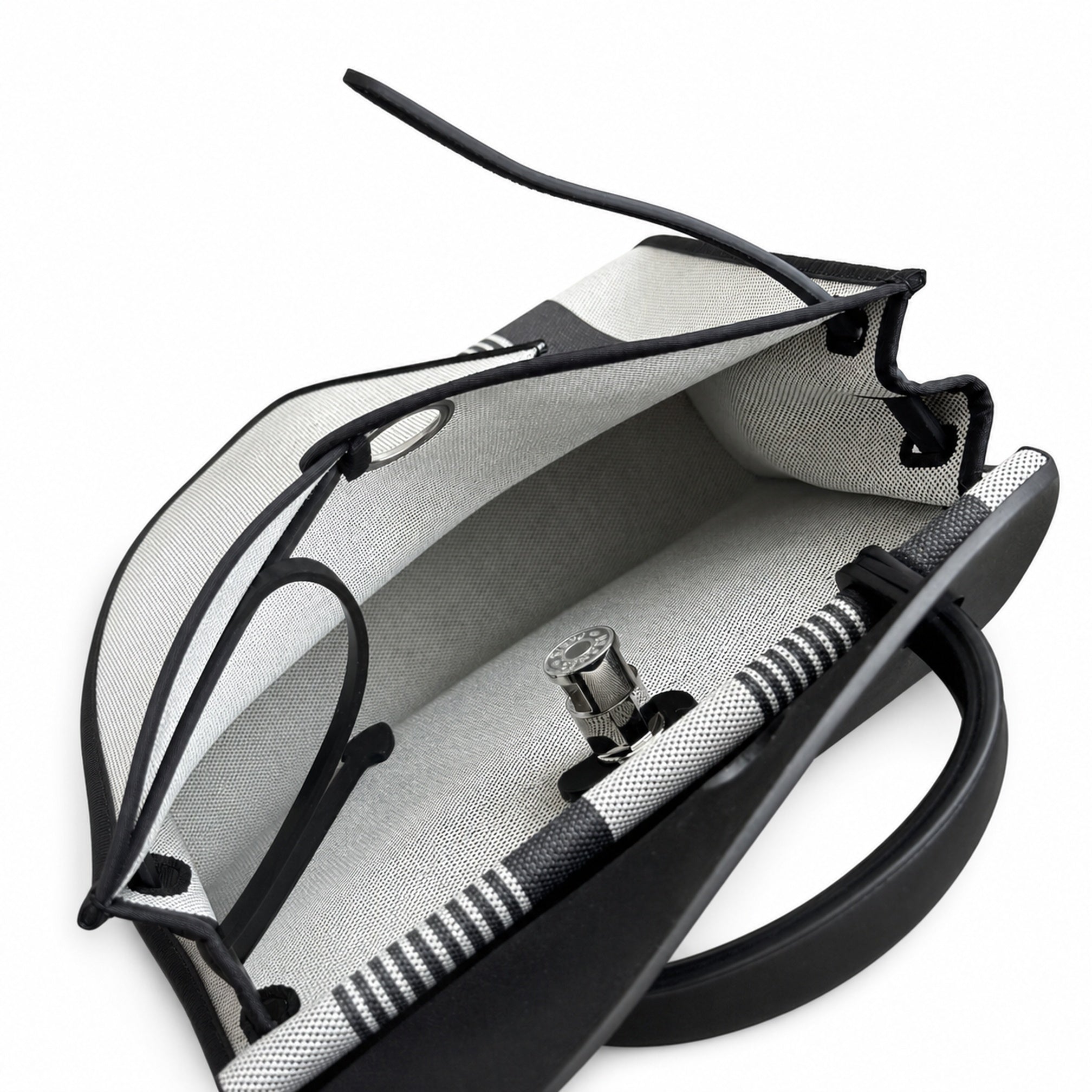 Hermès Herbag Zip 31 Noir & Ecru Striped Toile H / Noir Epsom Calf Leather Palladium Hardware