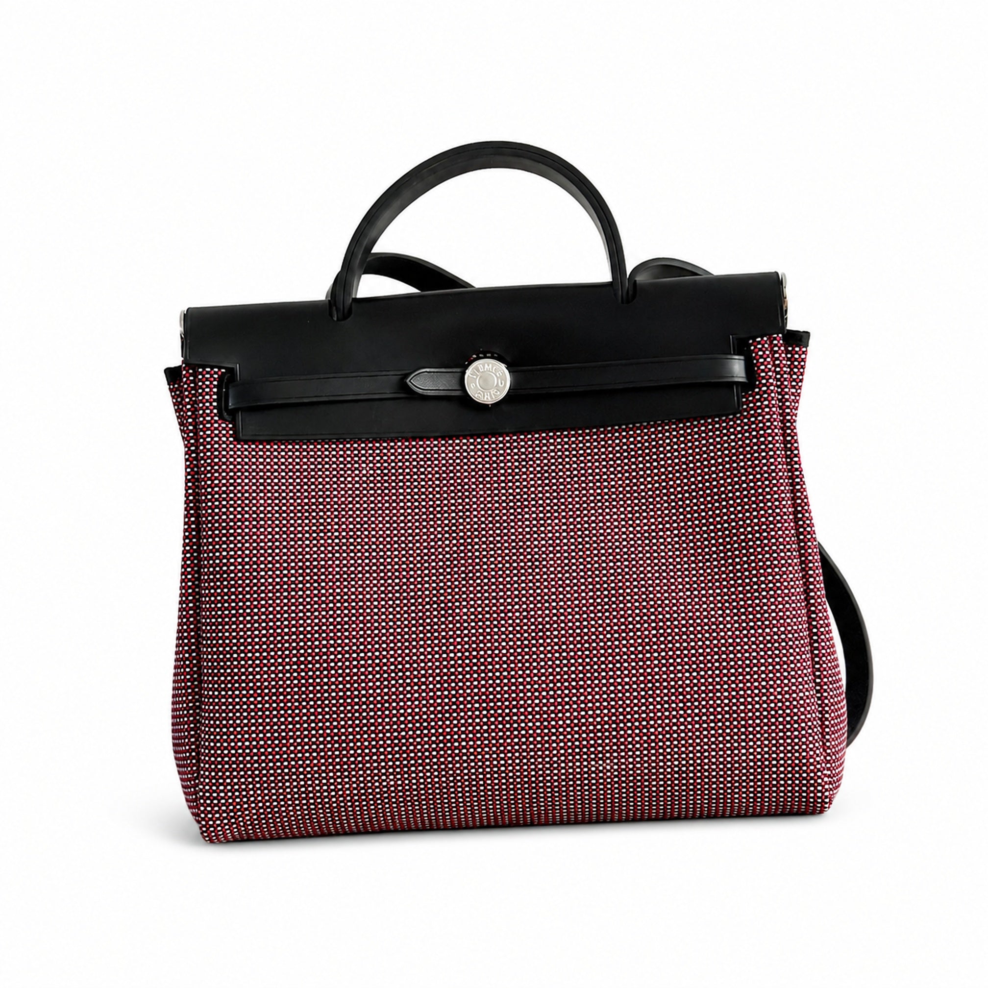 Hermès Herbag Zip 31 Rouge Grenat Mini Grid Toile H / Noir Vache Hunter Leather Palladium Hardware