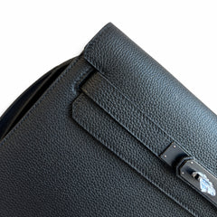 Hermès Kelly Dépêches 25 Noir Togo Calf Leather Palladium Tourniquet Clutch with Wrist Strap & Detachable Crossbody Strap