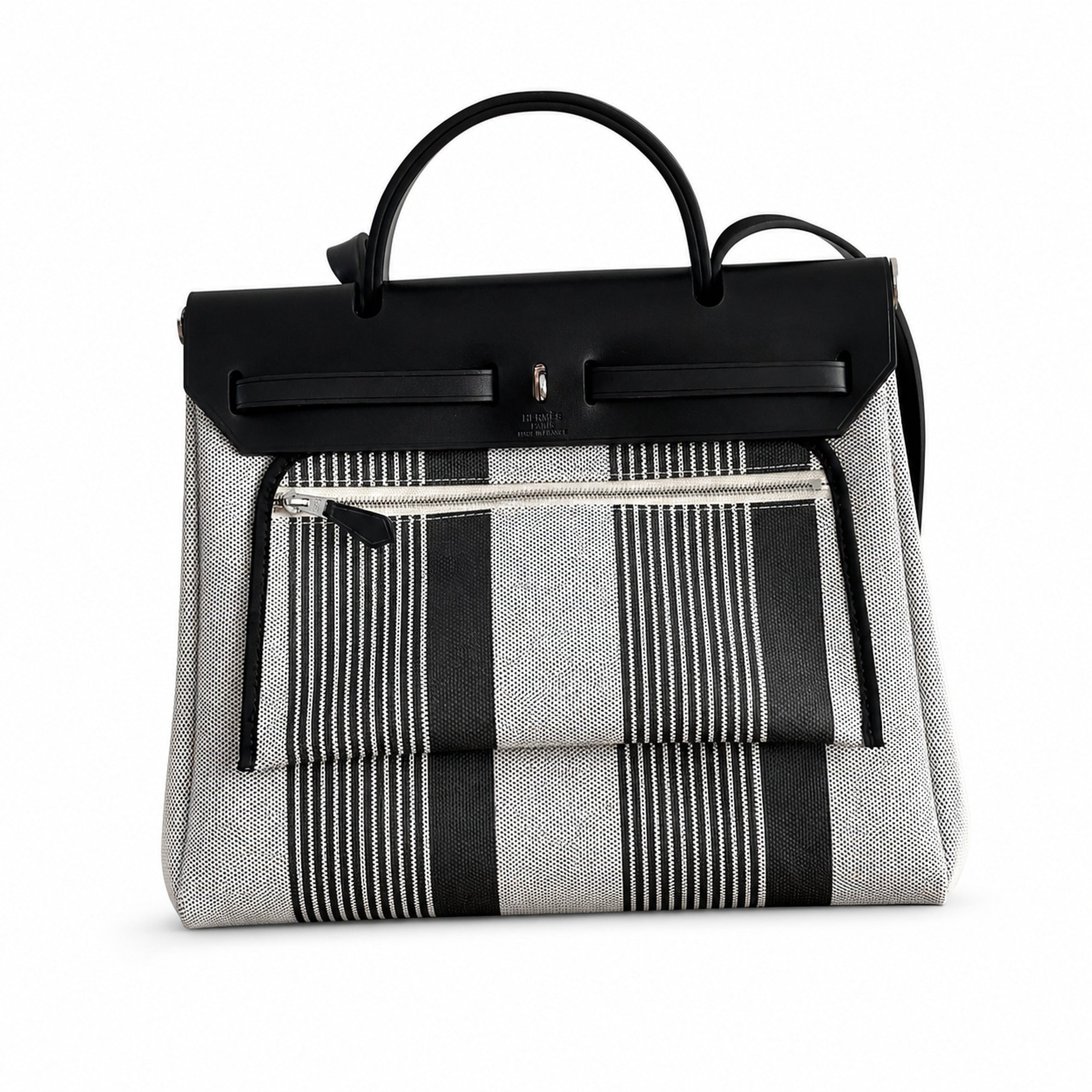 Hermès Herbag Zip 31 Écru Toile H Noir H Stripes Print / Noir Vache Hunter Leather Palladium Hardware