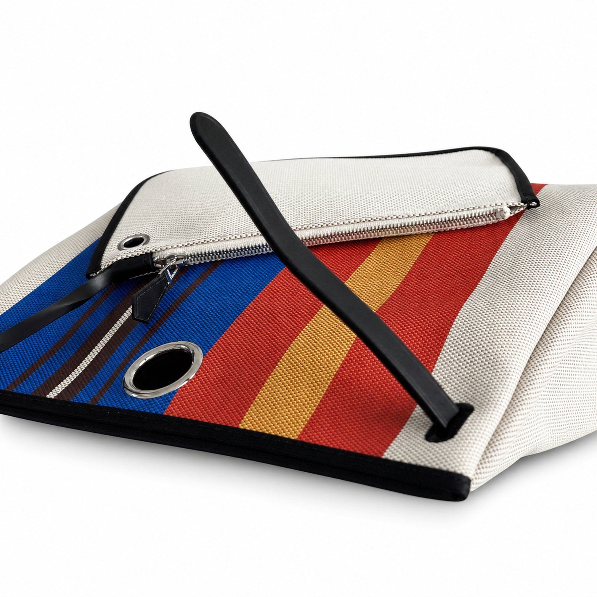 Hermès Herbag Zip 31 Écru Toile H Primary Vertical Stripe Print / Noir Vache Hunter Leather Palladium Hardware