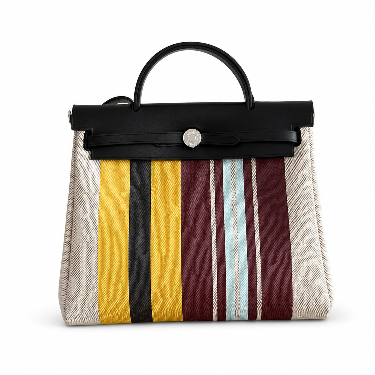 Hermès Herbag Zip 31 Écru Toile H Multicolor Vertical Stripe Print / Noir Vache Hunter Leather Palladium Hardware
