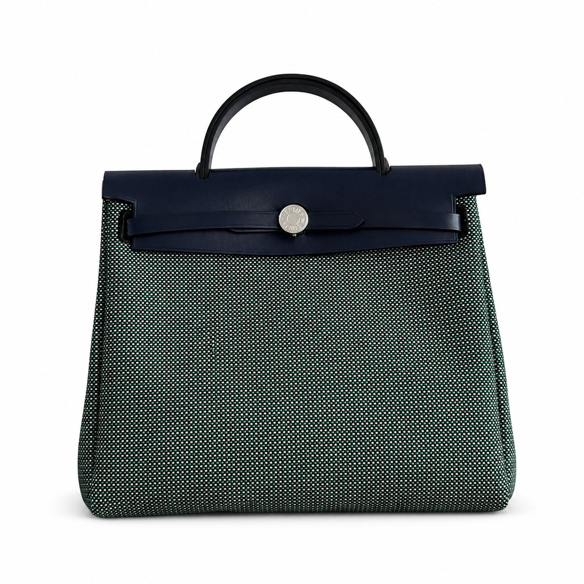 Hermès Herbag Zip 31 Vert Cypress Mini Grid Toile H / Bleu Marine Vache Hunter Leather Palladium Hardware