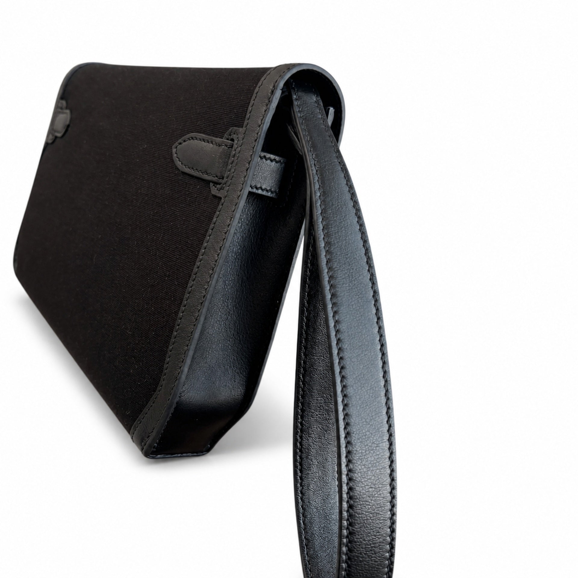 Hermès Kelly Dépêches 25 Noir Toile Militaire / Noir Swift Calf Leather Palladium Hardware