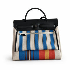 Hermès Herbag Zip 31 Écru Toile H Primary Vertical Stripe Print / Noir Vache Hunter Leather Palladium Hardware