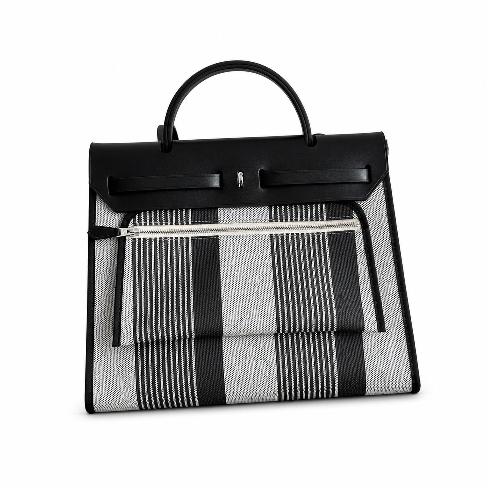 Hermès Herbag Zip 31 Noir & Ecru Striped Toile H / Noir Epsom Calf Leather Palladium Hardware