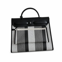 Hermès Herbag Zip 31 Noir & Ecru Striped Toile H / Noir Epsom Calf Leather Palladium Hardware