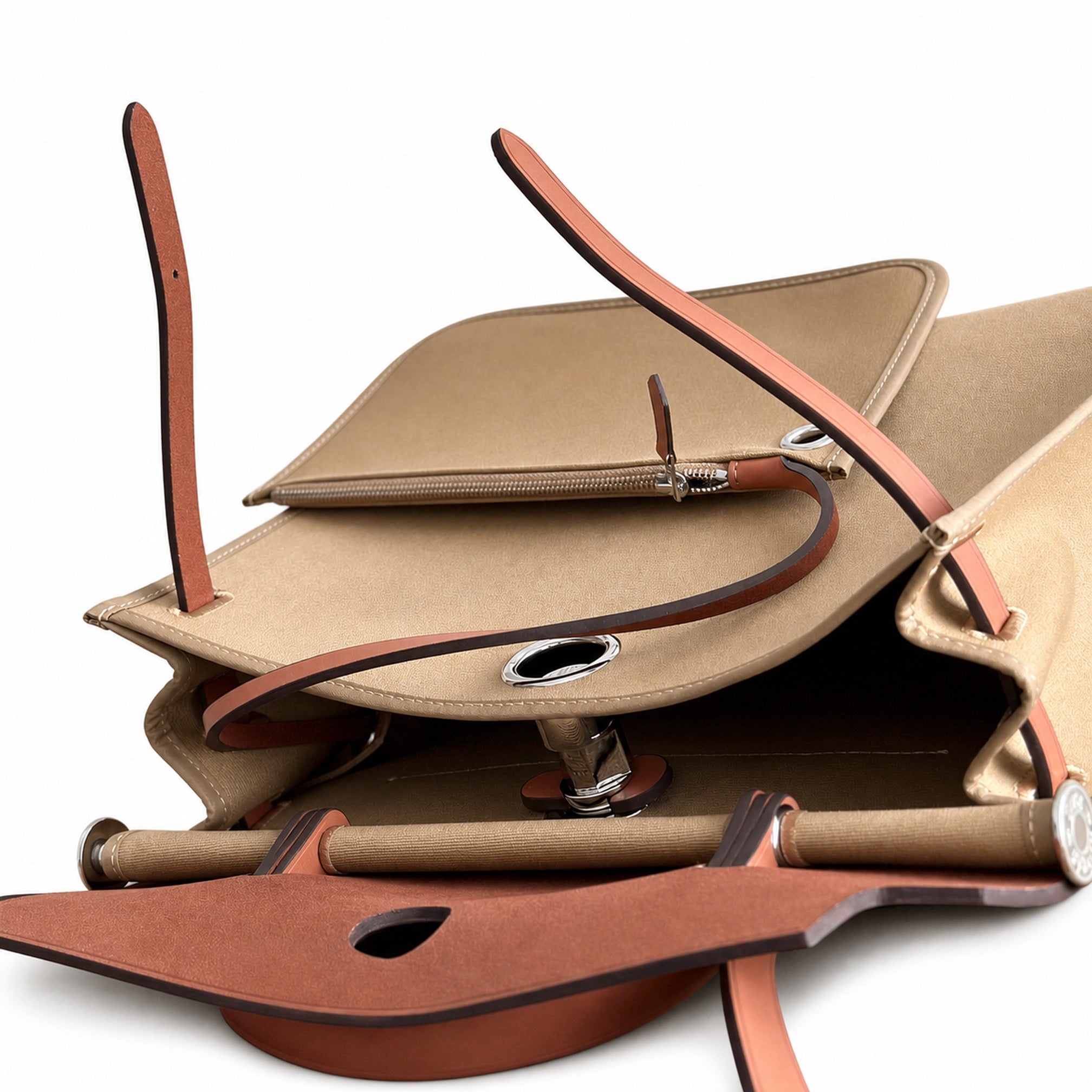 Hermès Herbag 31 Khaki Canvas & Caramel Calf Leather Palladium Hardware