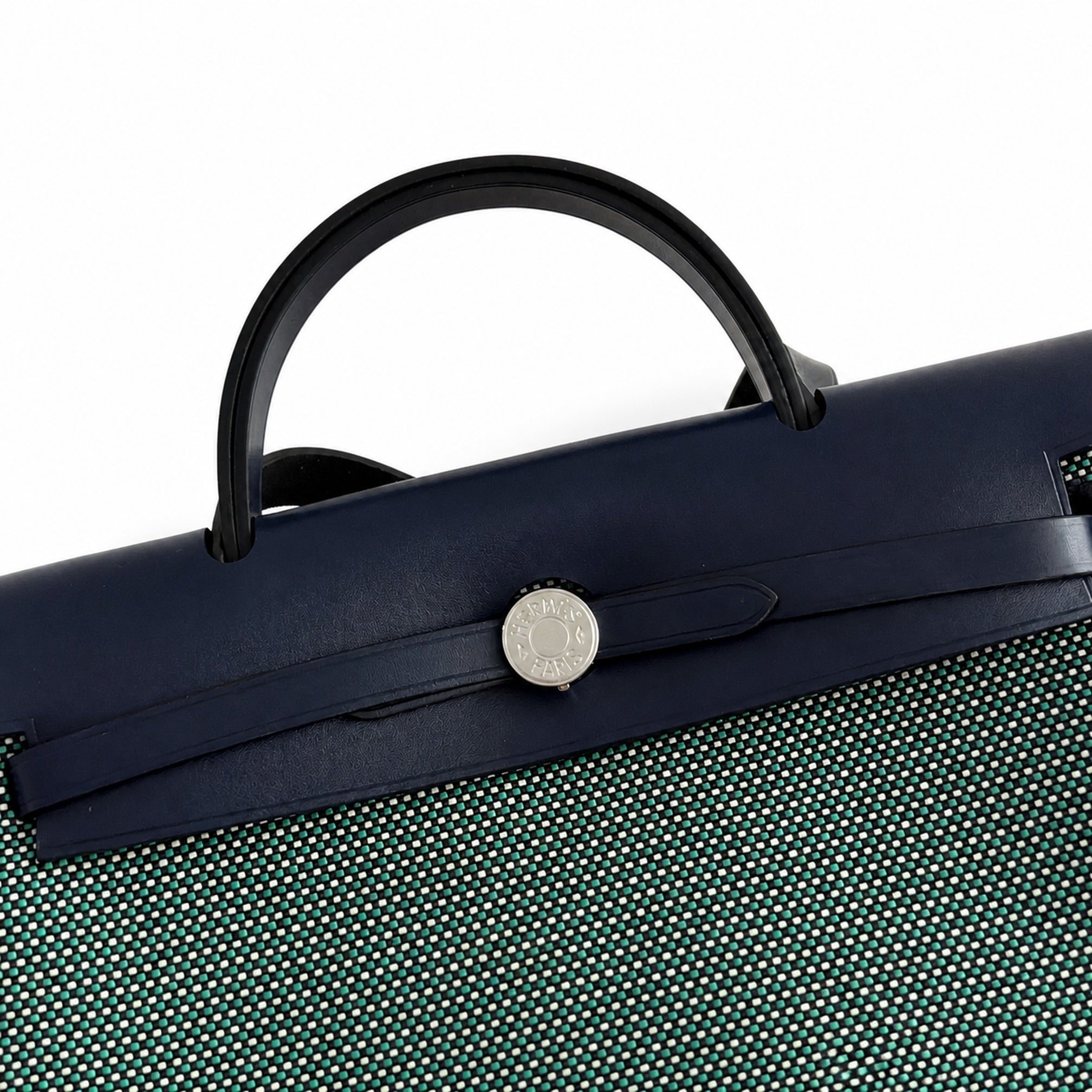 Hermès Herbag Zip 31 Vert Cypress Mini Grid Toile H / Bleu Marine Vache Hunter Leather Palladium Hardware