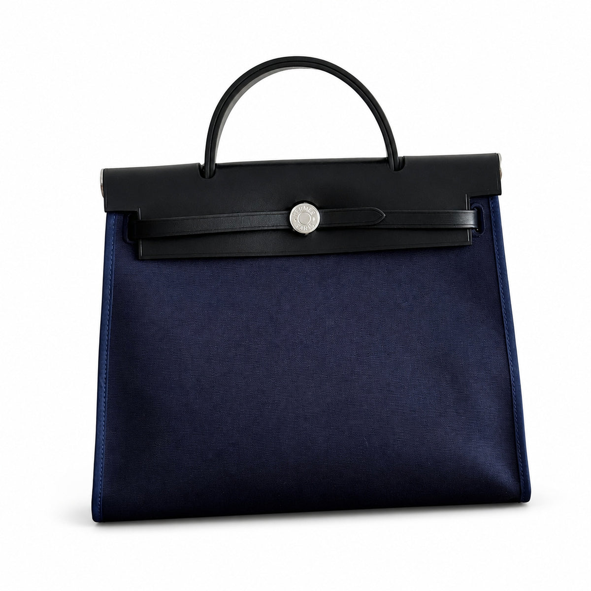 Hermès Herbag Zip 31 Navy Canvas & Black Calf Leather Palladium Hardware