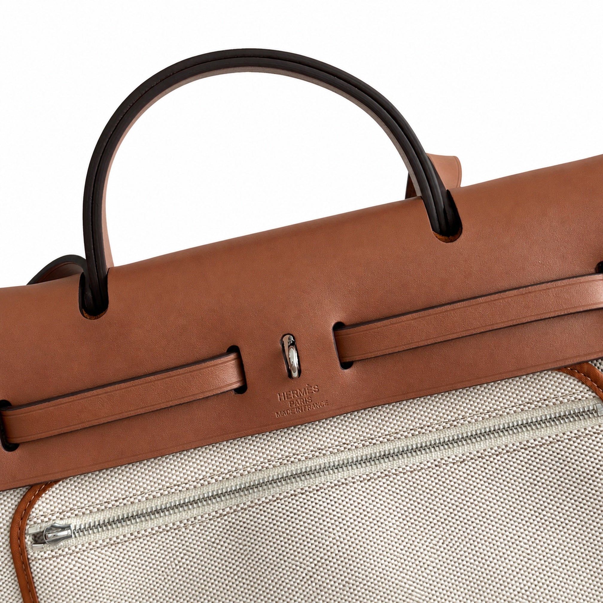 Hermès Herbag Zip 31 Écru Toile H Fauve H Geometric Stripe Print / Fauve Vache Hunter Leather Palladium Hardware