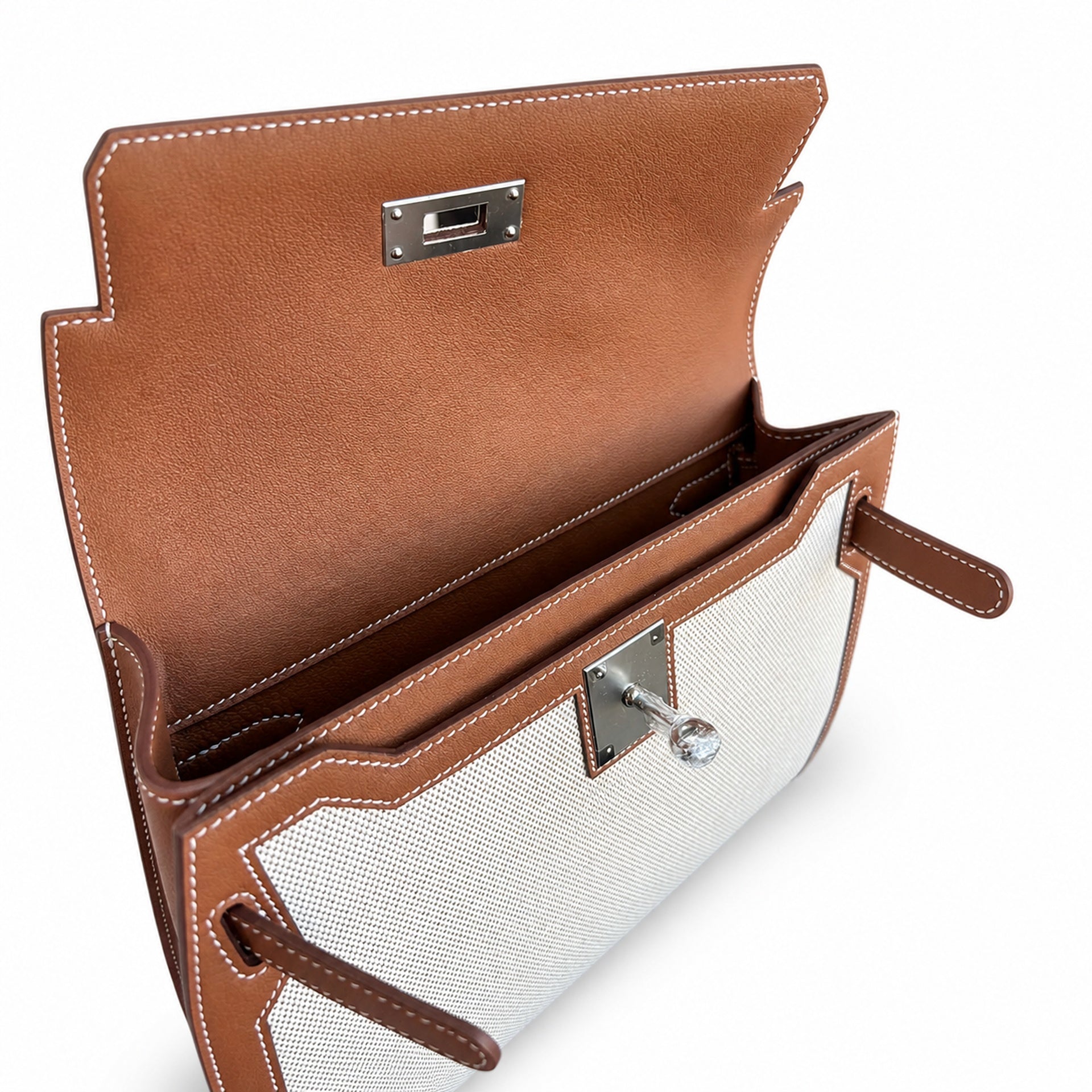 Hermès Kelly Dépêches 25 Ecru Toile Militaire / Fauve Swift Calf Leather Palladium Hardware