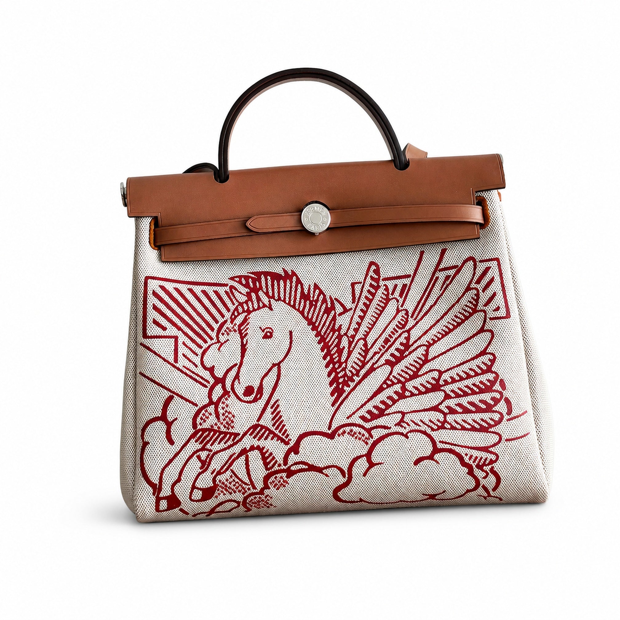 Hermès Herbag Zip 31 Écru Toile H Rouge Pegasus Print / Fauve Vache Hunter Leather Palladium Hardware