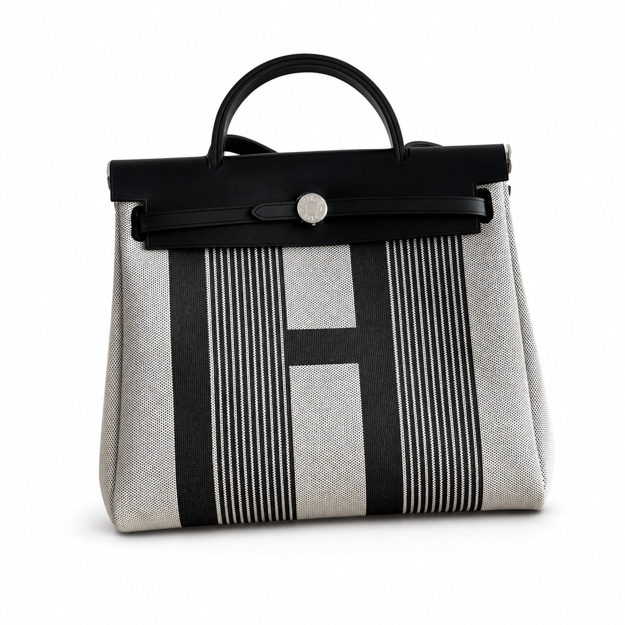 Hermès Herbag Zip 31 Écru Toile H Noir H Stripes Print / Noir Vache Hunter Leather Palladium Hardware