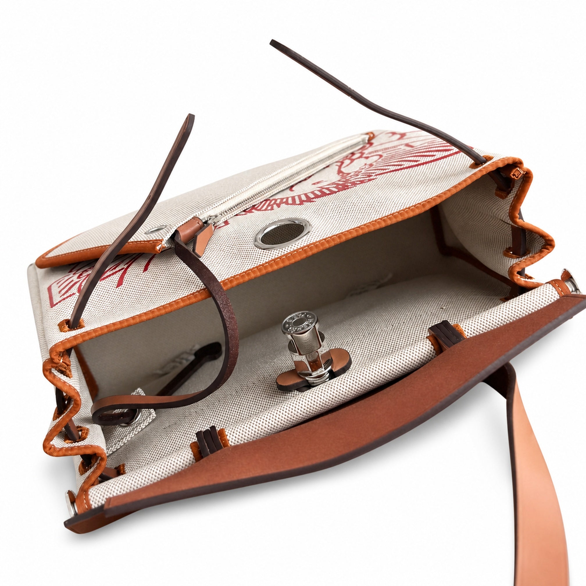 Hermès Herbag Zip 31 Écru Toile H Rouge Pegasus Print / Fauve Vache Hunter Leather Palladium Hardware