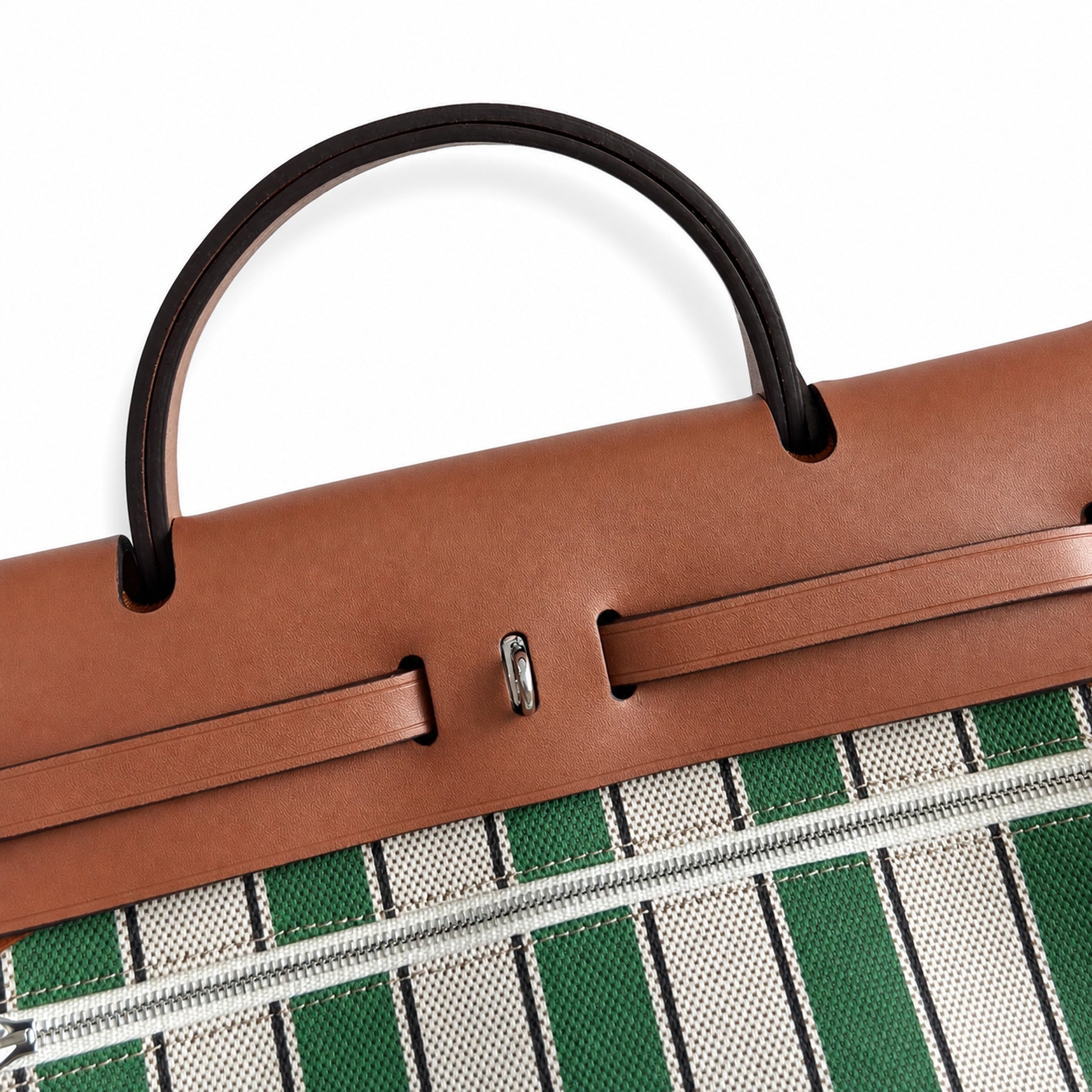 Hermès Herbag Zip 31 Écru Toile H Multicolor Vertical Stripe Print / Fauve Vache Hunter Leather Palladium Hardware