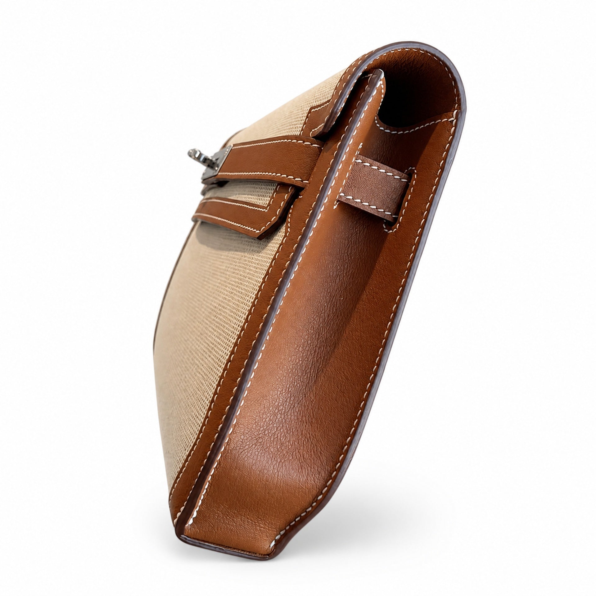 Hermès Kelly Dépêches 25 Ecru Toile Militaire / Fauve Swift Calf Leather Palladium Hardware