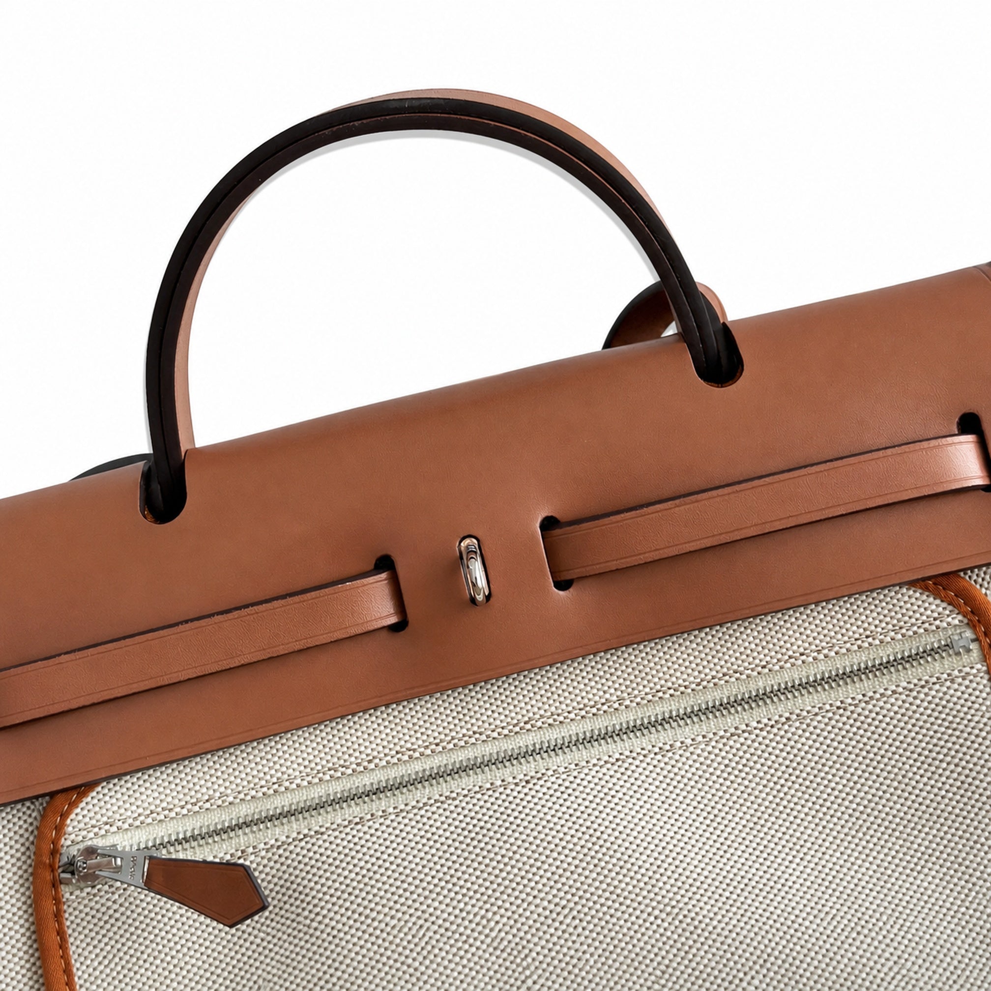 Hermès Herbag Zip 31 Écru Toile H Gris Chain D'Ancre Print / Fauve Vache Hunter Leather Palladium Hardware