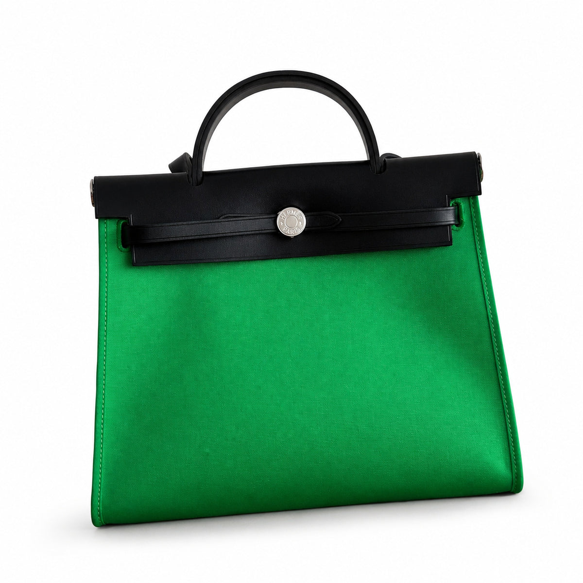 Hermès Herbag Zip 31 Green Canvas & Black Calf Leather Palladium Hardware Handbag