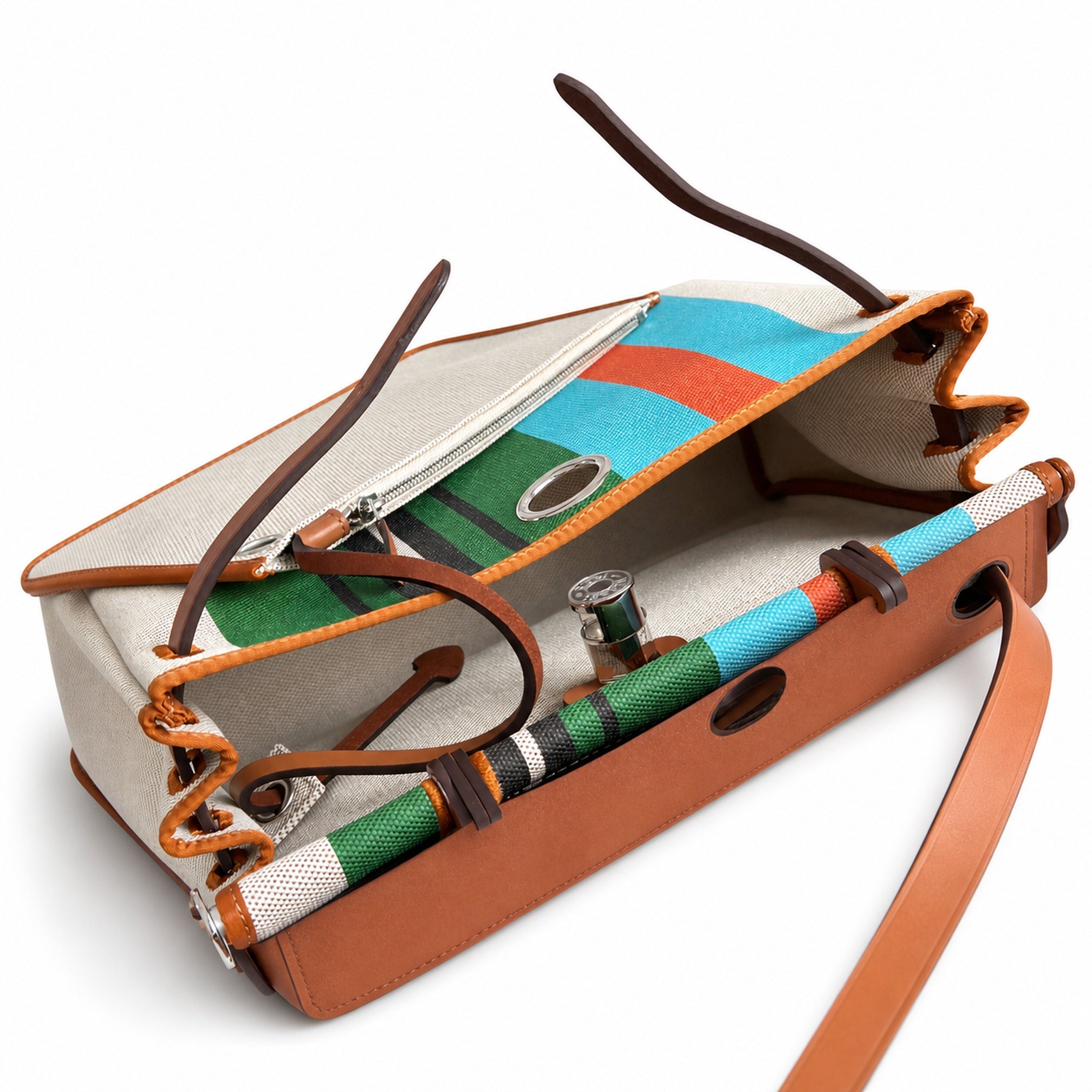 Hermès Herbag Zip 31 Écru Toile H Multicolor Vertical Stripe Print / Fauve Vache Hunter Leather Palladium Hardware