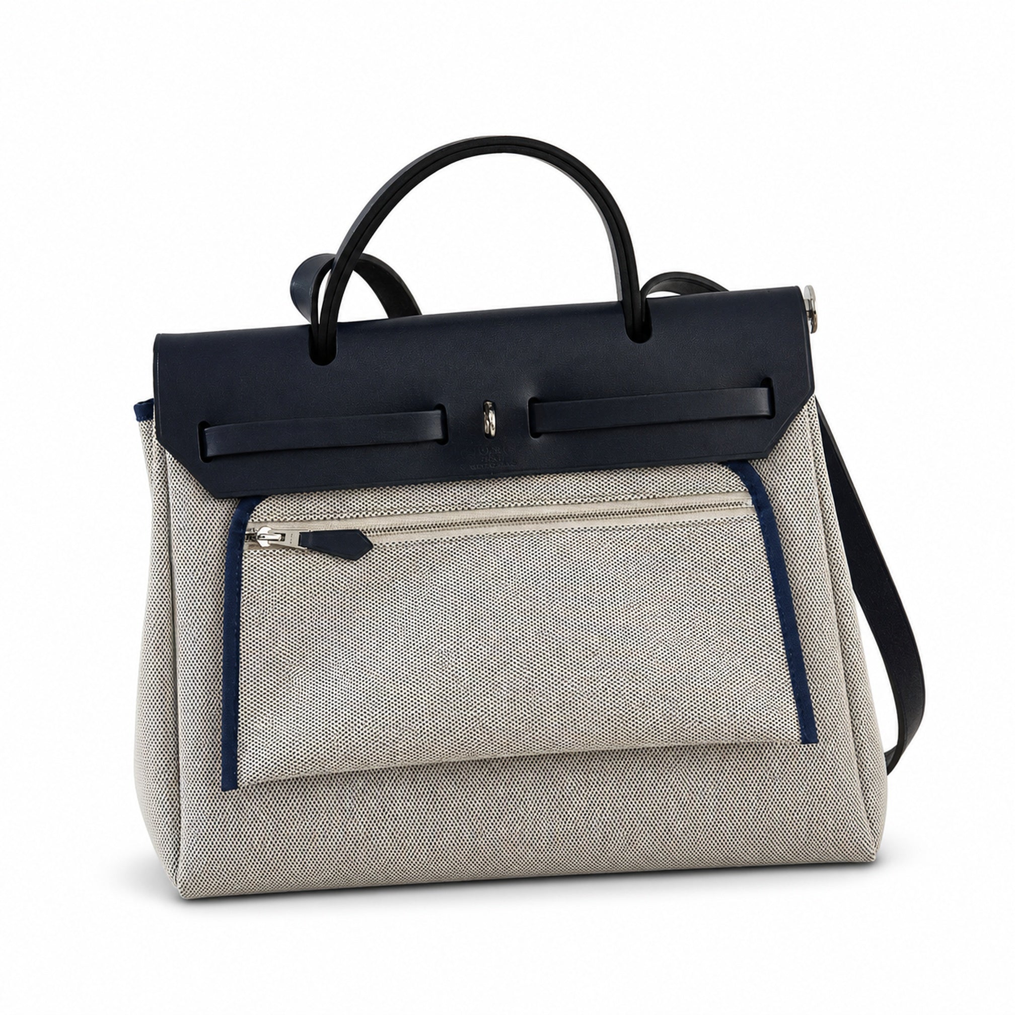 Hermès Herbag Zip 31 Écru Toile H Bleu Marine Equus Print / Bleu Marine Vache Hunter Leather Palladium Hardware