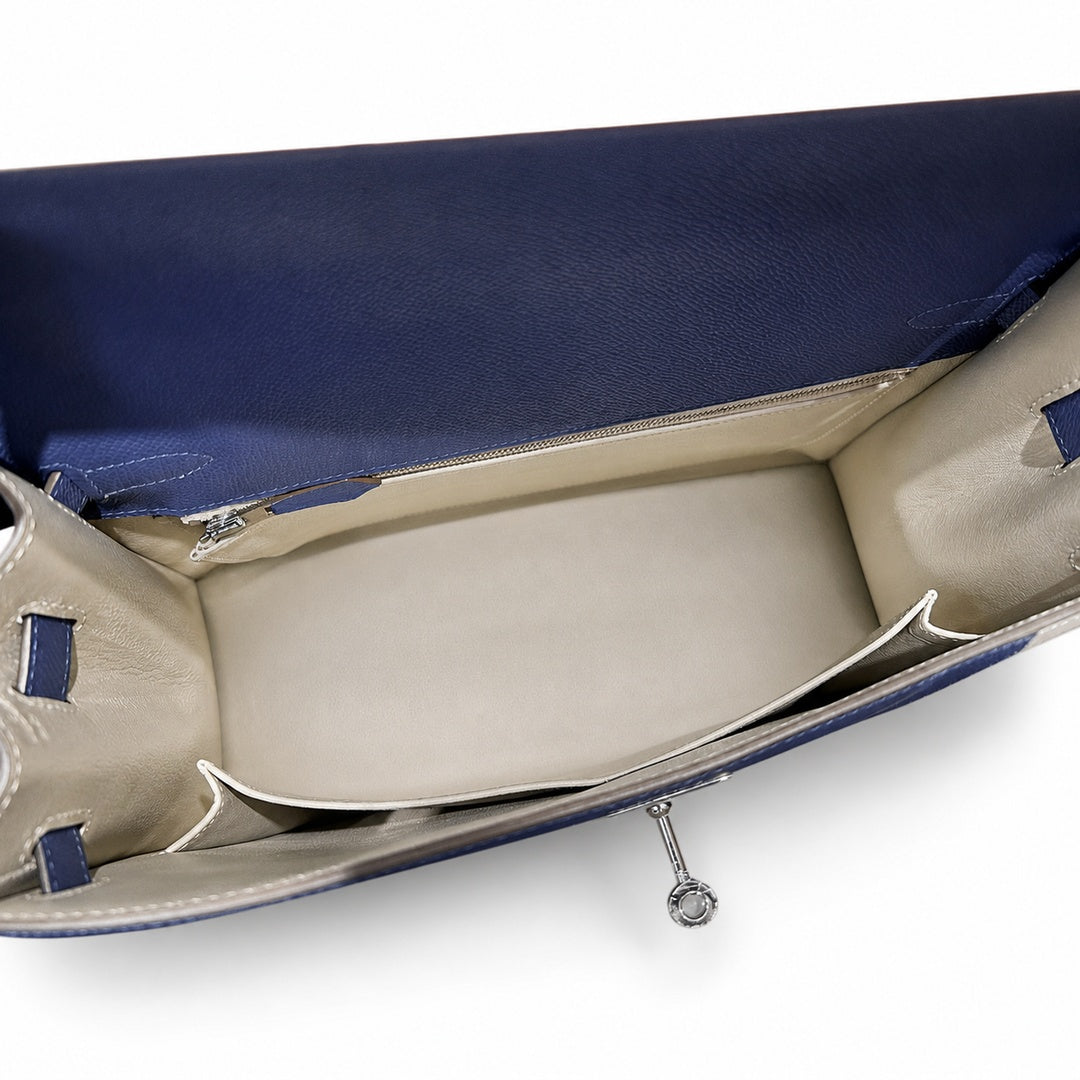 Hermès Kelly Flag Sellier 32 Craie & Blue Agate Epsom Calf Leather Palladium Hardware