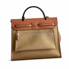 Hermès Herbag 31 Khaki Canvas & Caramel Calf Leather Palladium Hardware