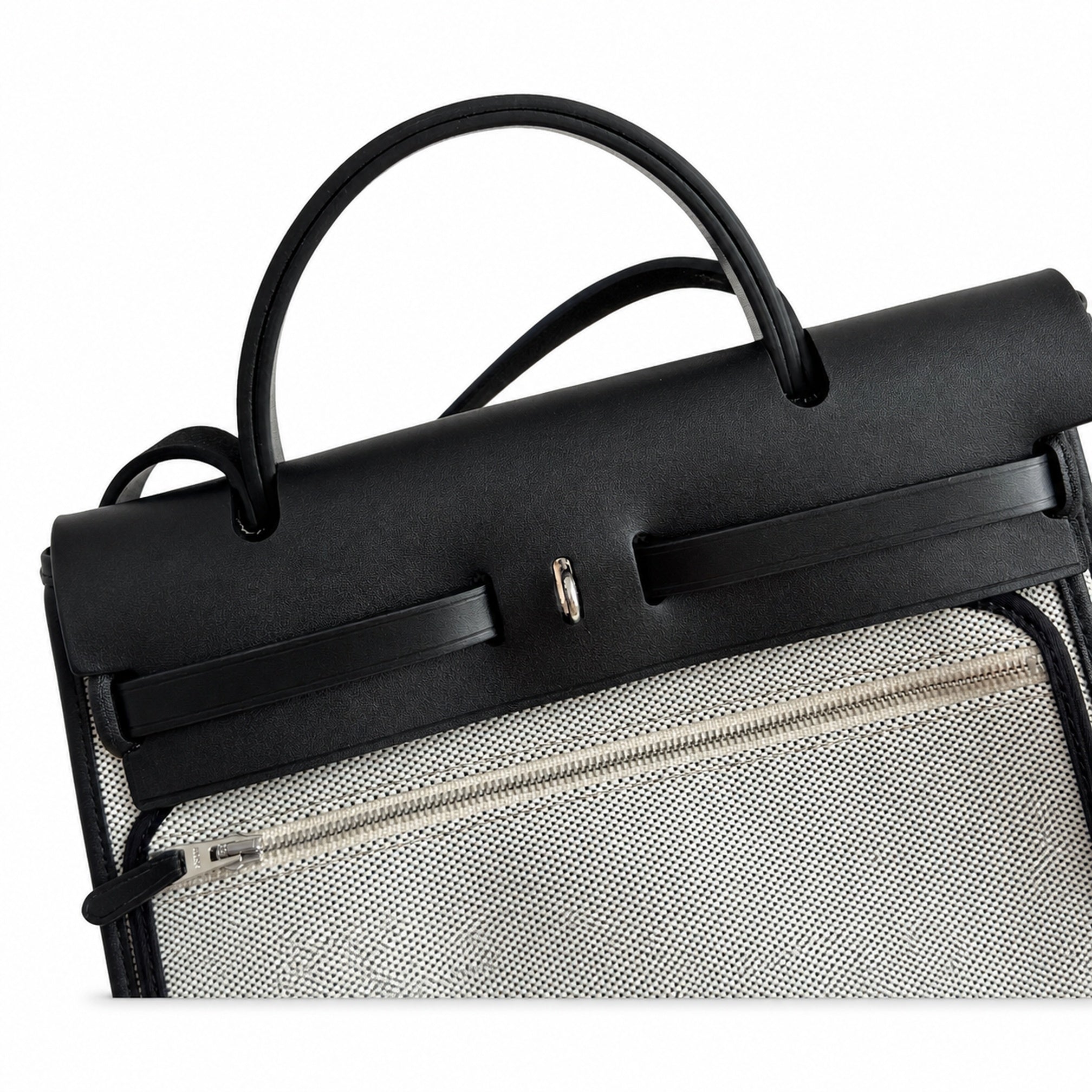 Hermès Herbag Zip 31 Écru Toile H Gris Chain D'Ancre Print / Noir Vache Hunter Leather Palladium Hardware