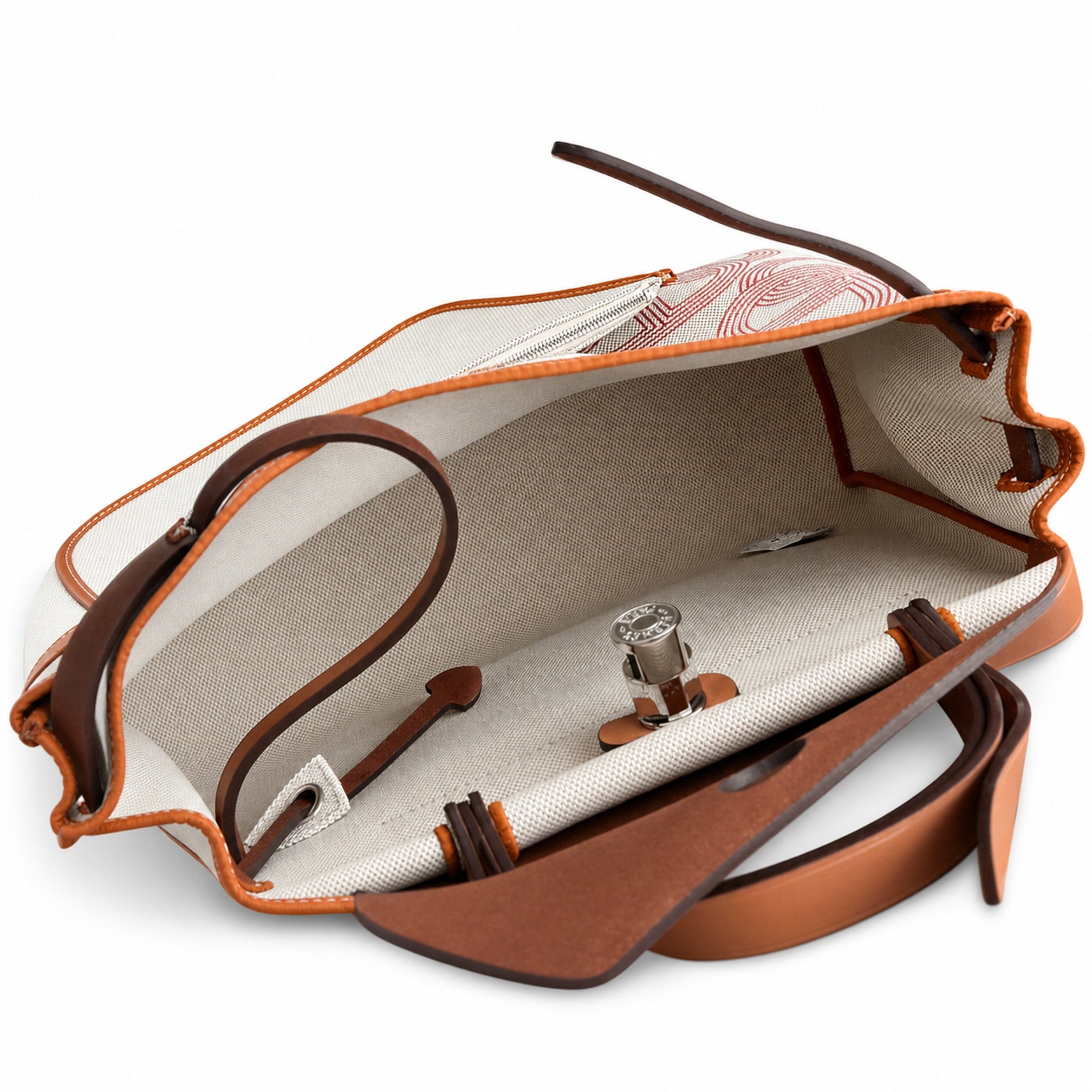Hermès Herbag Zip 31 Écru Toile H Rouge Chain D'Ancre Print / Fauve Vache Hunter Leather Palladium Hardware