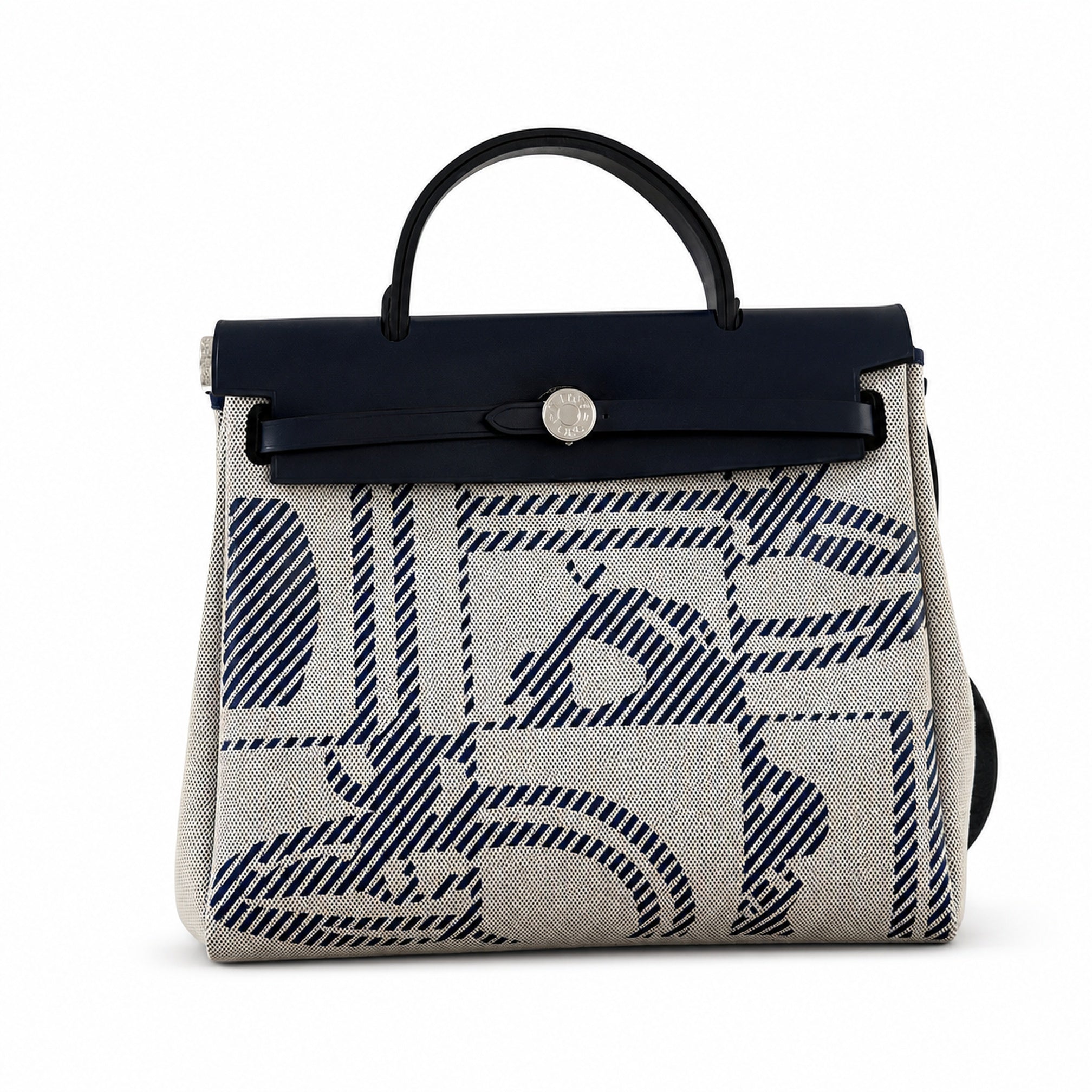 Hermès Herbag Zip 31 Écru Toile H Bleu Marine Equus Print / Bleu Marine Vache Hunter Leather Palladium Hardware