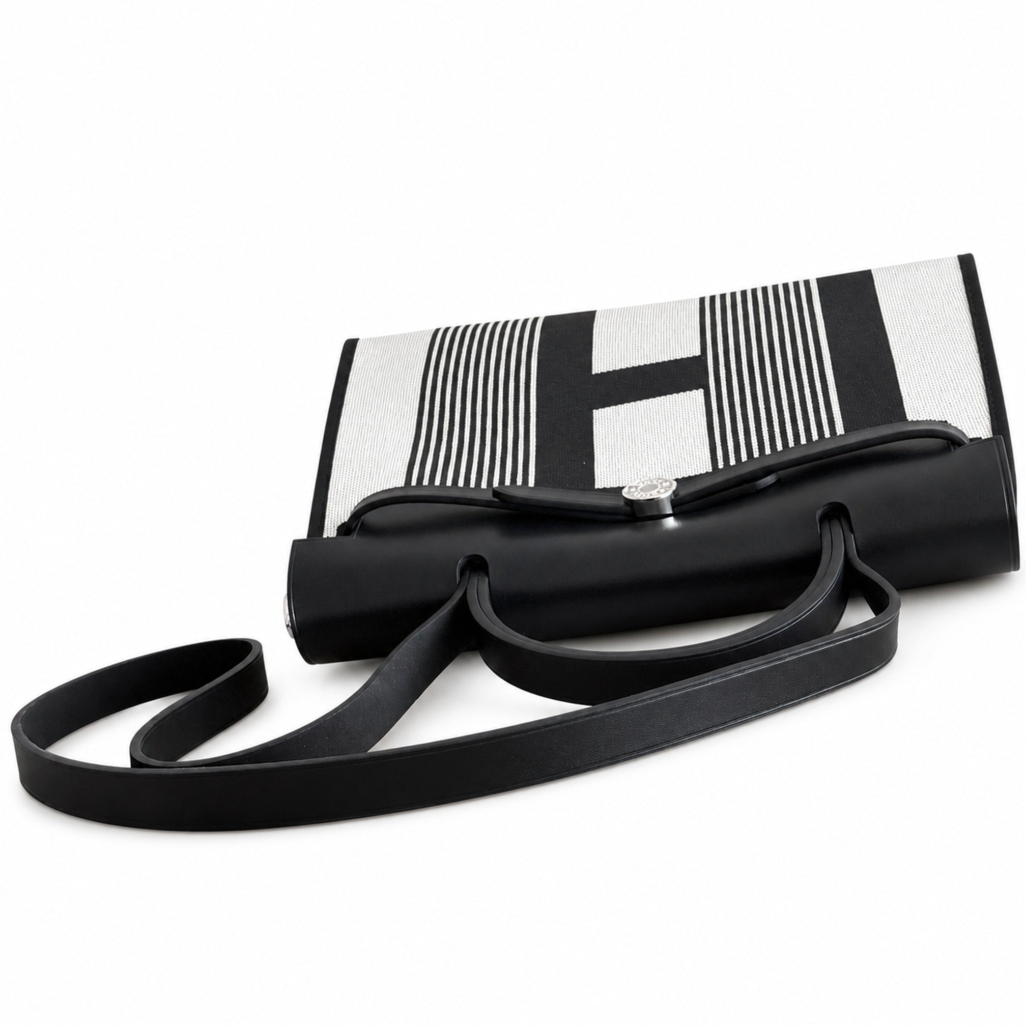Hermès Herbag Zip 31 Noir & Ecru Striped Toile H / Noir Epsom Calf Leather Palladium Hardware