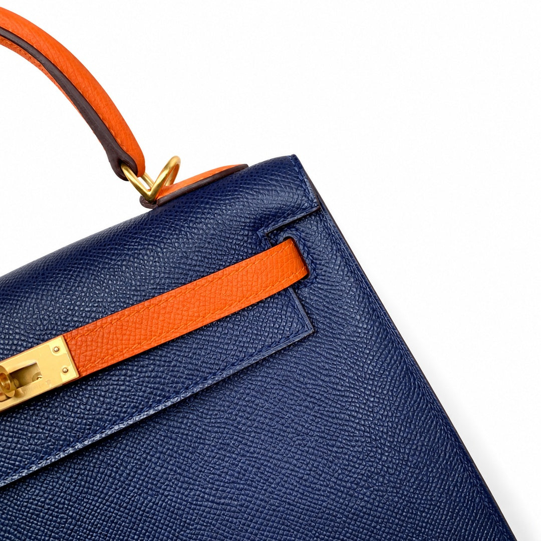 Hermès Kelly Sellier 25cm Sapphire Blue & Orange H Epsom Calf Leather Frosted Gold Hardware