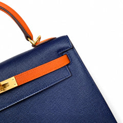 Hermès Kelly Sellier 25cm Sapphire Blue & Orange H Epsom Calf Leather Frosted Gold Hardware